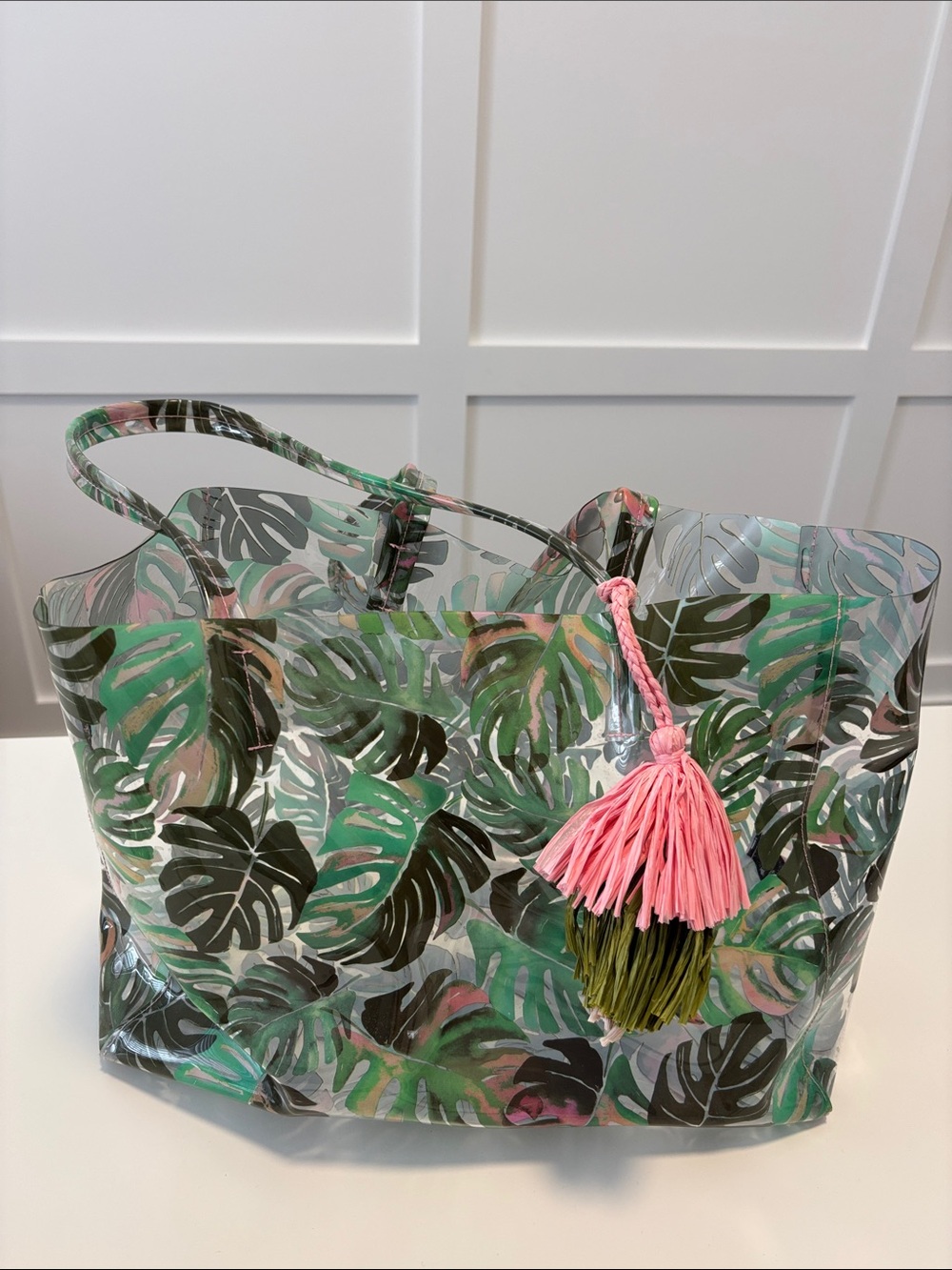 Indigo Clear Tropical Leaf Tote with Pink Tassel